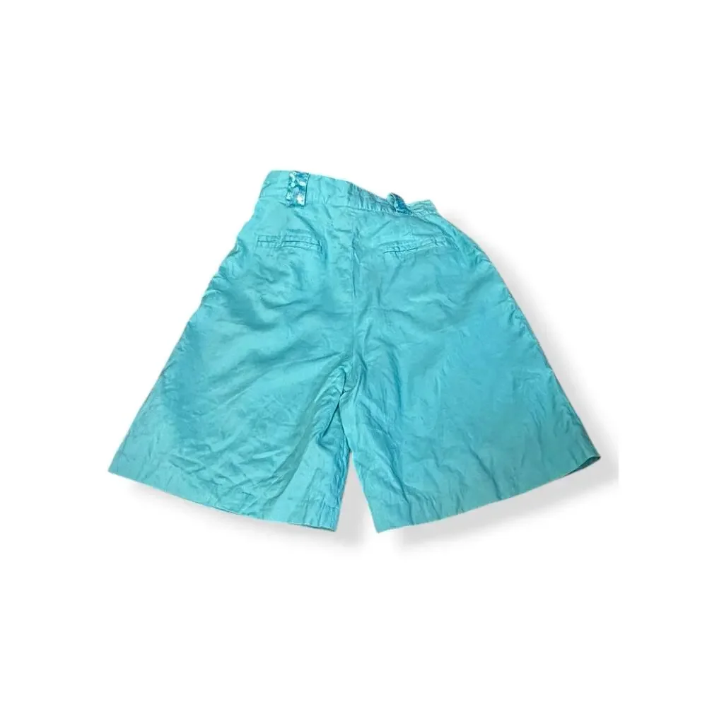 Vintage Aqua Linen Sequin Trim‎ Shorts High Waist Pleated Walking Shorts Mermaid